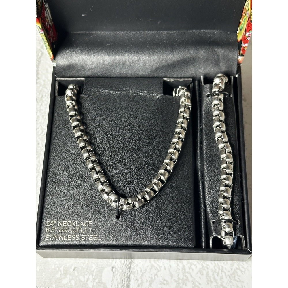 Ed‎ Hardy Y2K Box Chain Necklace & Bracelet Set Stainless Steel NIB
